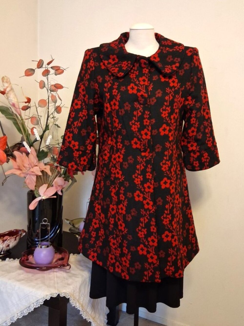Elegant Floral Pea Coat Lined 100% Cotton Trench Coat Warm Peacoat Outerwear XL